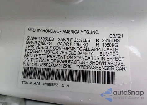 2021 Acura Tlx Standard из США, поврежденный, VIN 19UUB5F3XMA012510